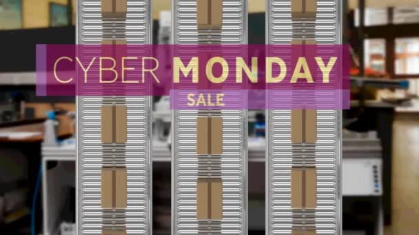 Pazartesi Günü Siber Metin Animasyonu Depodaki Taşıma Bantlarındaki Karton Kutuların — Stok video