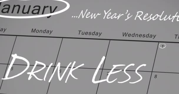 新年の抱負のアニメーションは 1月のカレンダーよりも白で少ないテキストを飲みます アルコール認知キャンペーンと新年の医療概念デジタルで生成されたビデオ — ストック動画