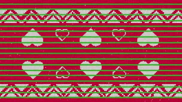 Green Stripes Snow Falling Heart Icons Traditional Christmas Pattern Red — Stock Video