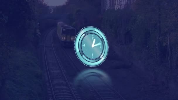 时钟在火车上快速移动的动画 全球商业 旅行和生产力概念数码视频 — 图库视频影像