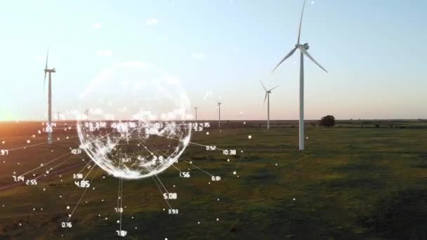 田舎の風力タービン以上の数を持つ地球のアニメーション 地球温暖化気候変動風力エネルギー持続可能性の概念デジタルで生成されたビデオ — ストック動画
