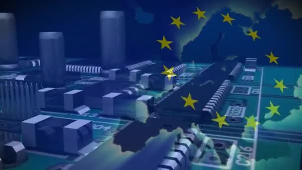 Animation Drapeau Union Européenne Sur Carte Lumineuse Carte Mère Ordinateur — Video