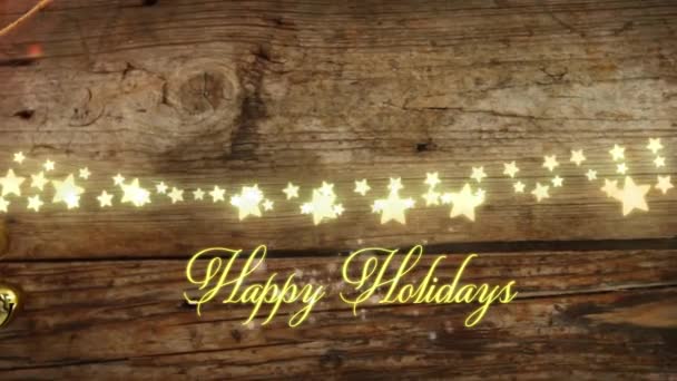 Animación Texto Felices Fiestas Amarillo Sobre Luces Estrella Campanas Navidad — Vídeos de Stock