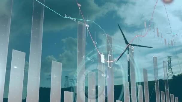 Animação Estatísticas Processamento Dados Sobre Turbinas Eólicas Conceito Aquecimento Global — Vídeo de Stock