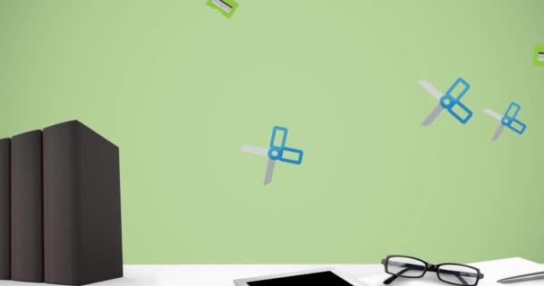 緑色の背景にオフィスファイルやオフィスアイテムのアニメーション ナショナル クリーン デスク デイのコンセプトをデジタルで — ストック動画