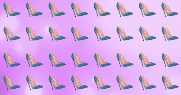 Animación Zapatos Azules Tacón Alto Repetidos Moviéndose Sobre Fondo Púrpura — Vídeo de stock