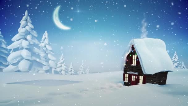 Animation Von Haus Und Weihnachtsdekoration Über Winterlicher Landschaft Bei Schneefall — Stockvideo