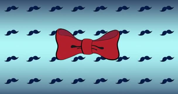 Animering Röda Bågar Över Upprepade Mustascher Blå Bakgrund Mode Sociala — Stockvideo