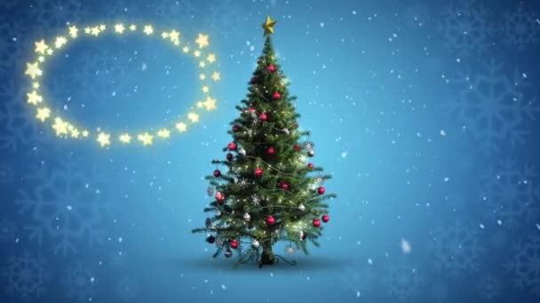 Decorative Shining Star Lights Snowflakes Falling Christmas Tree Blue Background — Stock Video