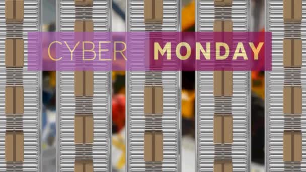 Animation Des Cyber Monday Textes Über Kartons Auf Förderbändern Lager — Stockvideo