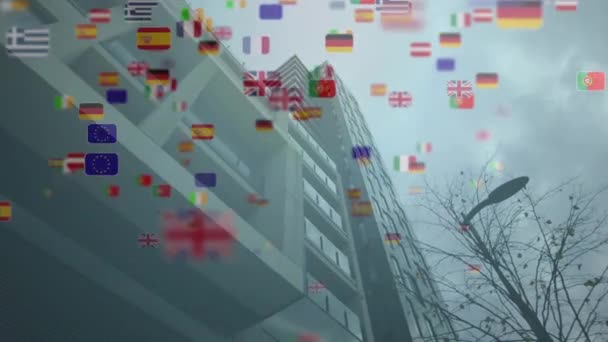 Анимация Флагов Различных Европейских Стран Европейского Союза Над Современной Башней — стоковое видео