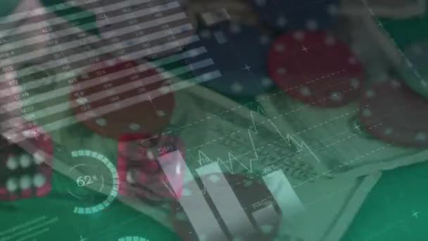 Анимация Обработки Финансовых Данных Две Кости Фишки Азартных Игр Долларовые — стоковое видео