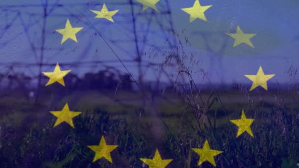 Animation Drapeau Union Européenne Sur Les Pylônes Électriques Sur Terrain — Video