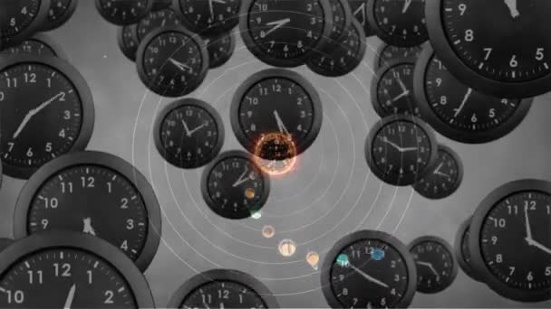 Animation Von Sonnensystemen Planeten Und Weltraum Über Tickenden Uhren Globales — Stockvideo