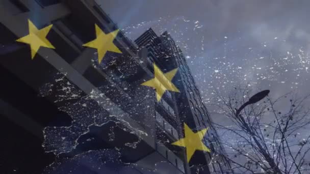 Avrupa Birliği Bayrağının Modern Kentteki Bağlantı Haritası Yüksek Binalar Üzerinde — Stok video