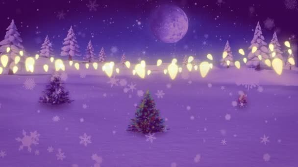 Appeso Decorazioni Luminose Contro Neve Che Cade Sugli Alberi Natale — Video Stock