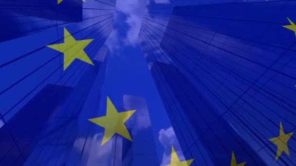 Animacja Flagi Unii Europejskiej Nad Wieżowcami Nowoczesnym Krajobrazie Miejskim Koncepcja — Wideo stockowe