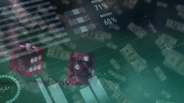 Animación Procesamiento Datos Financieros Sobre Dos Dados Billetes Dólar Americano — Vídeo de stock