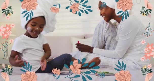 Animation Von Rosafarbenen Blumen Über Glücklichen Afrikanisch Amerikanischen Mutter Und — Stockvideo