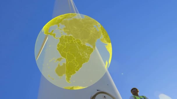 Animação Globo Sobre Turbina Eólica Engenheiro Campo Conceito Aquecimento Global — Vídeo de Stock