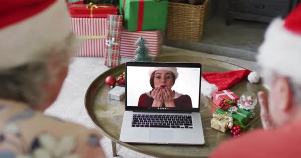 Senior Caucasian Couple Santa Hats Using Laptop Christmas Video Call — Stock Video