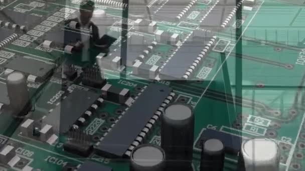 Animation Computer Circuit Board Business People Talking Modern Office Business — Stock Video