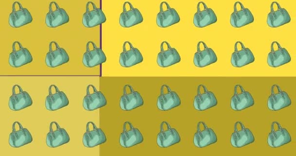 蓝色手提包的动画重复出现 并在黄色和紫色背景上移动 社交网络和数字界面概念数码视频 — 图库视频影像