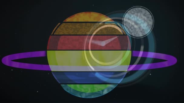 행성인 토성의 애니메이션 태양계 그리고 시계가 똑딱거리는 동안의 디지털 비디오 — 비디오