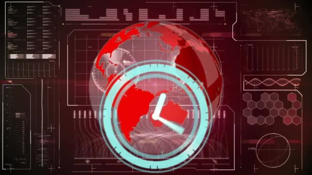 Animación Del Reloj Todo Mundo Procesamiento Datos Pantalla Negocio Global — Vídeos de Stock