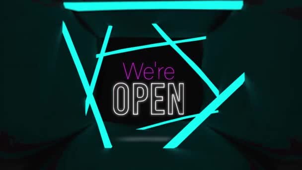 Animációja Vagyunk Nyitott Szöveg Rózsaszín Fehér Felett Kék Neon Vonalak — Stock videók