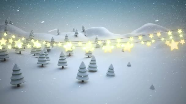 冬の風景の上に落ちる雪に対して輝く星型の妖精のライトの装飾 クリスマス フェスティバルとお祝いのコンセプト — ストック動画