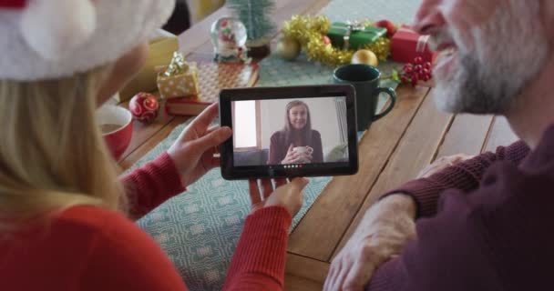 Caucasian Couple Santa Hats Using Tablet Christmas Video Call Woman — Stock Video