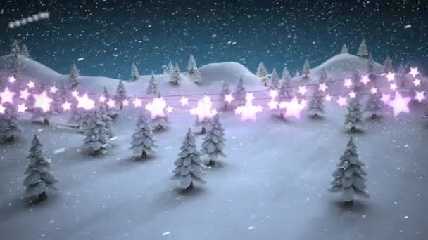 Gloeiende Ster Vormige Fee Verlichting Decoratie Tegen Sneeuw Vallen Winterlandschap — Stockvideo