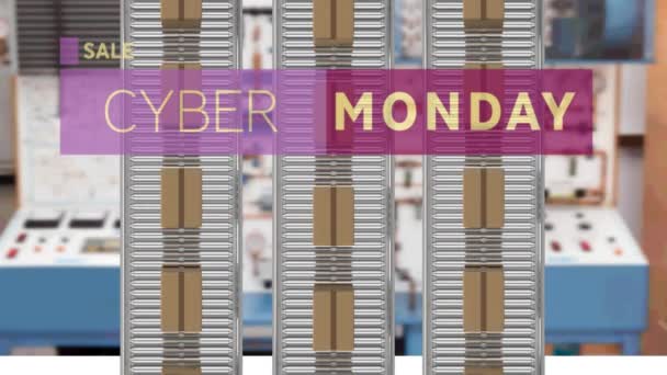 在仓库输送带上的纸板箱上用网络星期一的文字动画 全球网上购物 航运和交付概念数码视频 — 图库视频影像