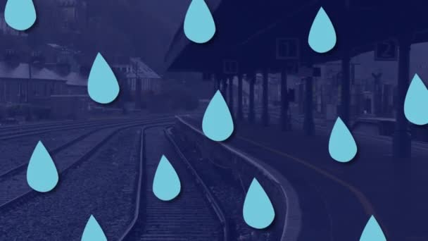 Animação Gotas Água Sobre Plataforma Trem Conceito Global Negócios Viagens — Vídeo de Stock