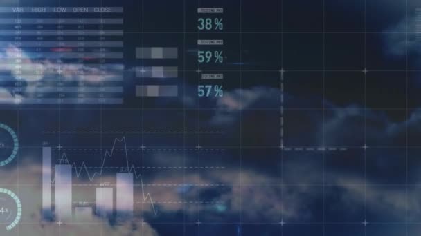 Animacja Przetwarzania Statystyk Nad Chmurami Niebem Globalne Przetwarzanie Danych Koncepcja — Wideo stockowe