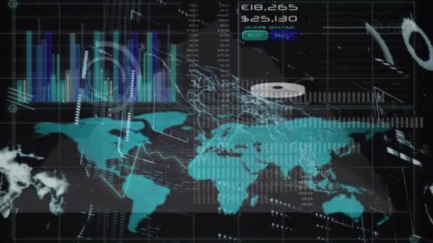 通过世界地图进行统计和数据处理的动画制作 全球业务 数据处理 数字接口和连接概念 — 图库视频影像