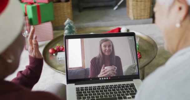 Diverse Ältere Freundinnen Nutzen Laptop Für Weihnachtsvideoanrufe Mit Frau Auf — Stockvideo