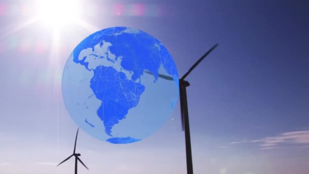 Animation Des Globus Über Windkraftanlagen Der Landschaft Globale Erwärmung Klimawandel — Stockvideo