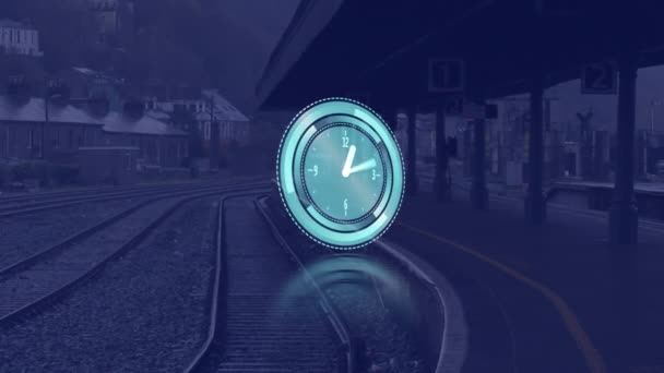 Animation Clock Moving Fast Train Platform Global Business Travel Productivity — Stock Video