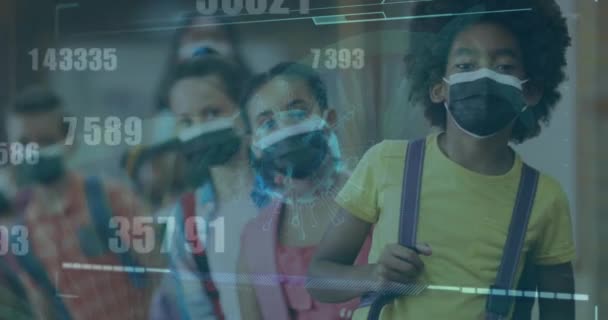 Animation Von Covid Daten Über Schulkinder Gesichtsmasken Global Covid Pandemie — Stockvideo