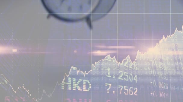 Animación Despertador Cayendo Sobre Estadísticas Procesamiento Datos Financieros Concepto Global — Vídeos de Stock