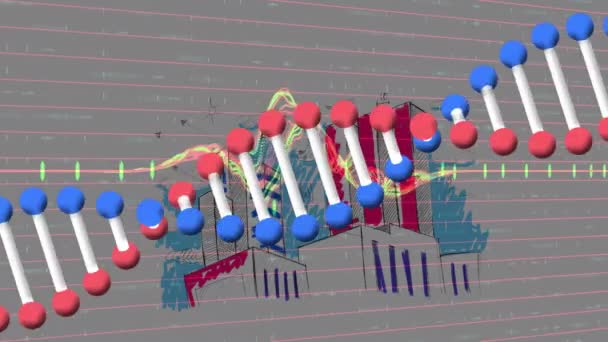 Animación Del Hilado Adn Procesamiento Datos Sobre Paisaje Urbano Ciencia — Vídeos de Stock