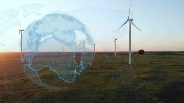 田舎の風力タービンの上の地球のアニメーション 地球温暖化気候変動風力エネルギー持続可能性の概念デジタルで生成されたビデオ — ストック動画
