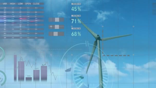 在风力涡轮机上动画化统计和数据处理 全球变暖 气候变化和可持续性概念数码视频 — 图库视频影像