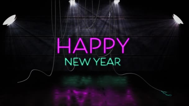 用粉色和绿色的霓虹灯字母在黑色背景上动画快乐新年的文字 新年前夜派对 通信和连接的概念数码生成视频 — 图库视频影像