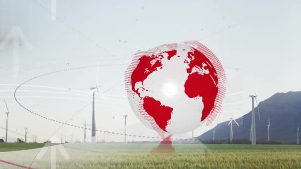 田舎の風力タービンの上に矢印を持つ地球のアニメーション 地球温暖化気候変動風力エネルギー持続可能性の概念デジタルで生成されたビデオ — ストック動画