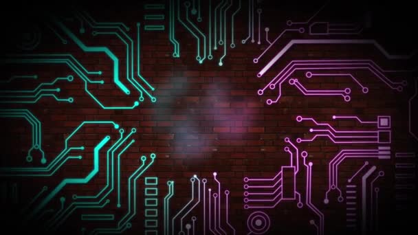 レンガの壁の背景に輝くピンクと青のネオンマザーボード回路のアニメーション データ処理とコンピューティングの概念デジタル生成ビデオ — ストック動画