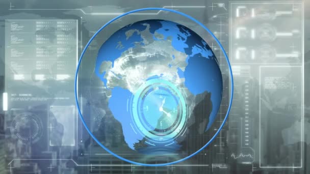 Animación Del Reloj Todo Mundo Procesamiento Datos Pantalla Negocio Global — Vídeos de Stock