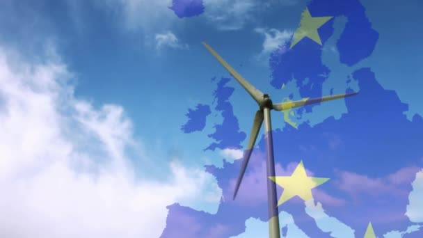 Avrupa Birliği Bayrağının Avrupa Haritası Üzerinde Canlandırılması Bulutlu Mavi Gökyüzünde — Stok video